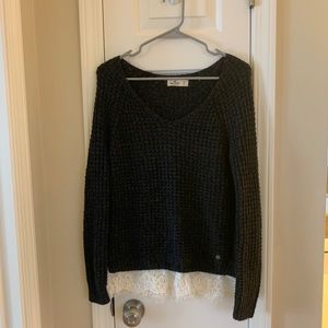 Black Lace Trim V-Neck Sweater